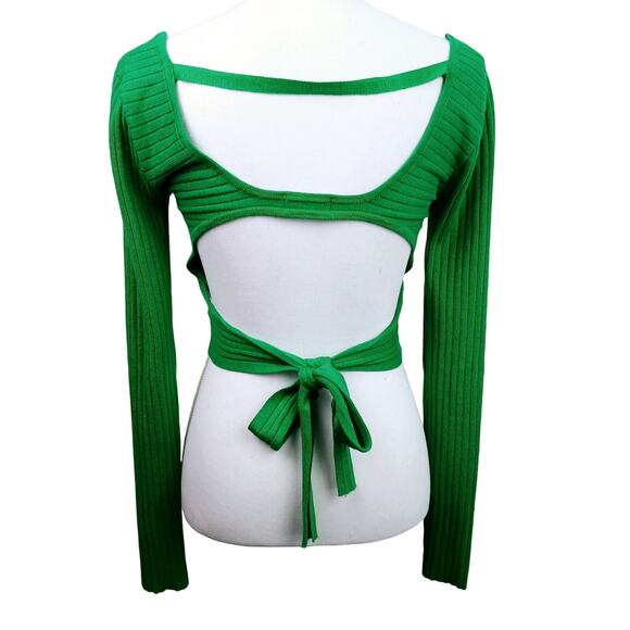 Superdown SZ M Kelly Green Ribbed Long Sleeve Sweater With Open Tie Back - Picture 5 of 7